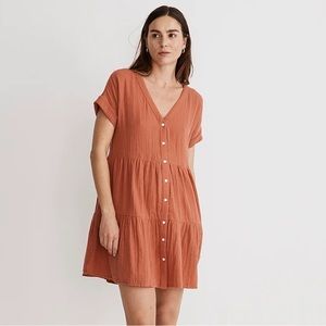 Madewell Lightspun Cuff-Sleeve Button-Front Tiered Mini Dress NWT